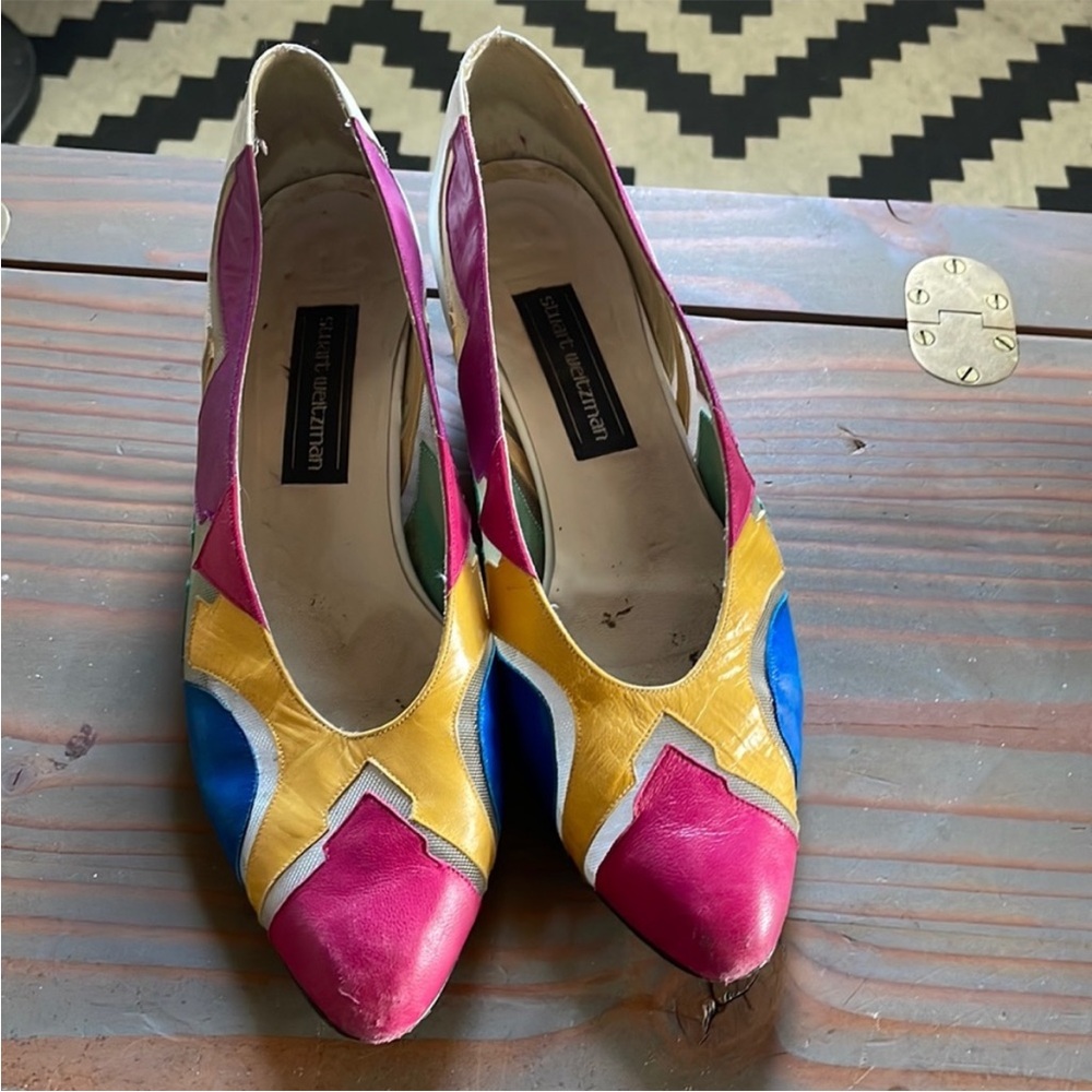 Vintage Stuart Weitzman Multicolor Leather Pointed-Toe Flats Pink YellowBlue 9.5